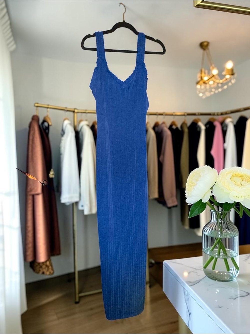 Haute Monde Cobalt Blue Ribbed Bodycon Knit V-Neck Maxi Dress - Picture 2 of 8